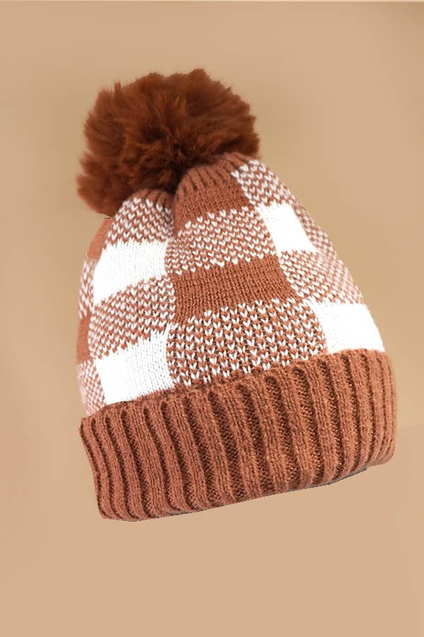 CHECKER POM POM BEANIE HAT