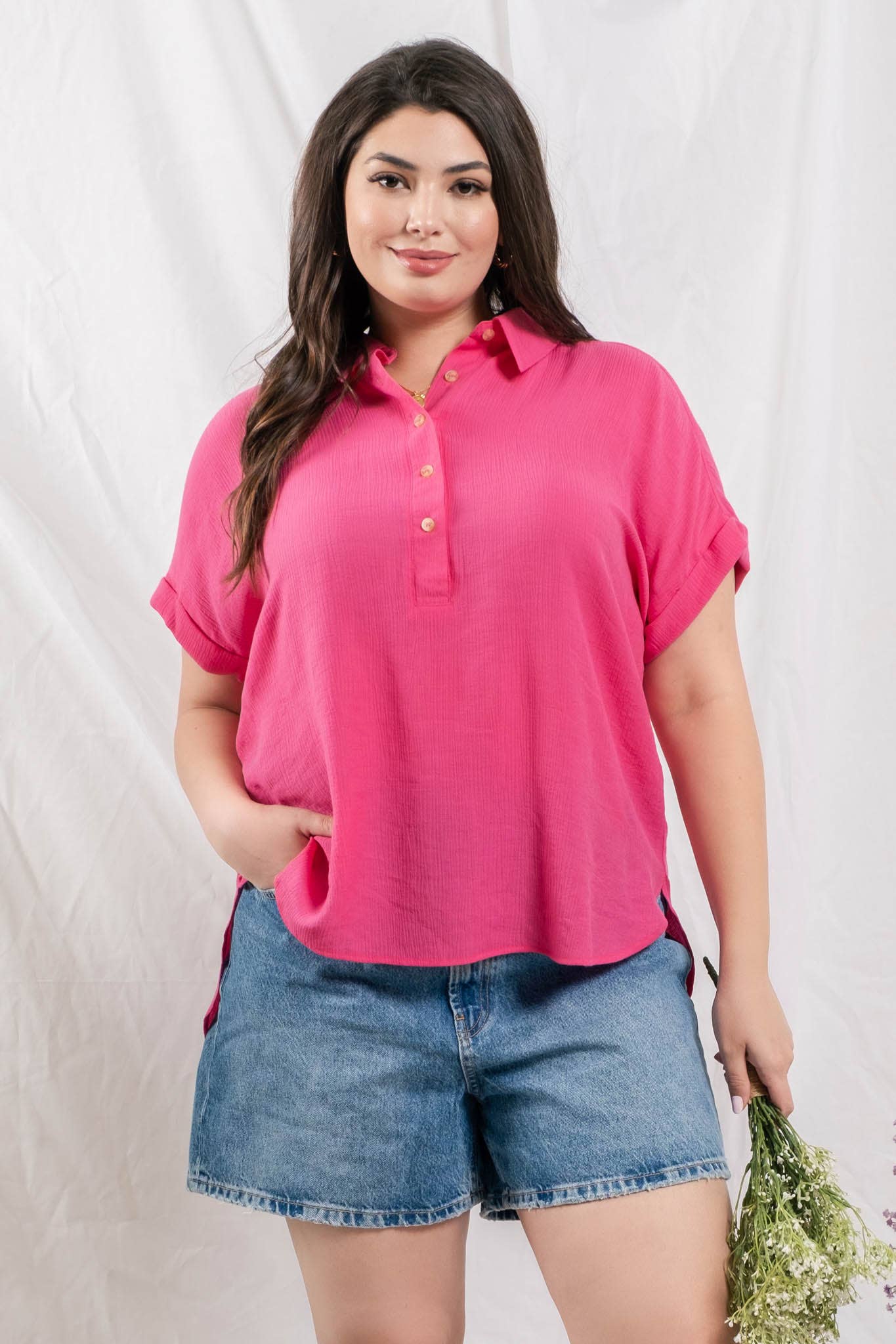 PL BUTTON DOWN CUFFED SHORT SLEEVE TOP