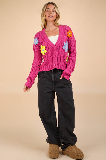 Flower Applique Knit Sweater Cardigan