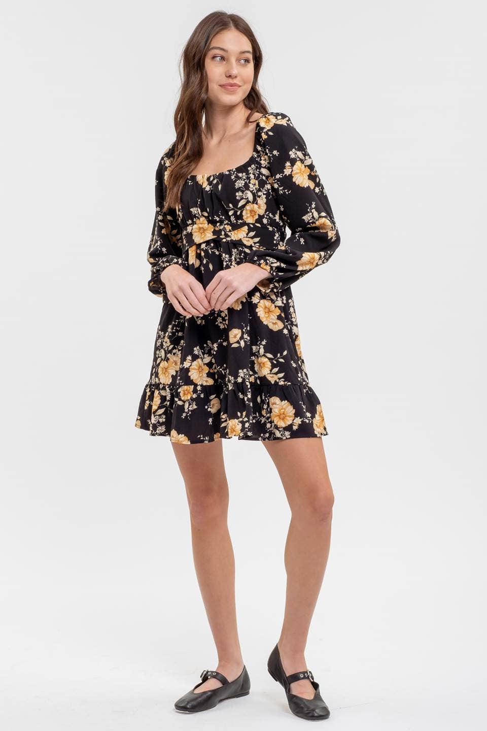 FLORAL LONG SLEEVE BACK TIE MINI DRESS