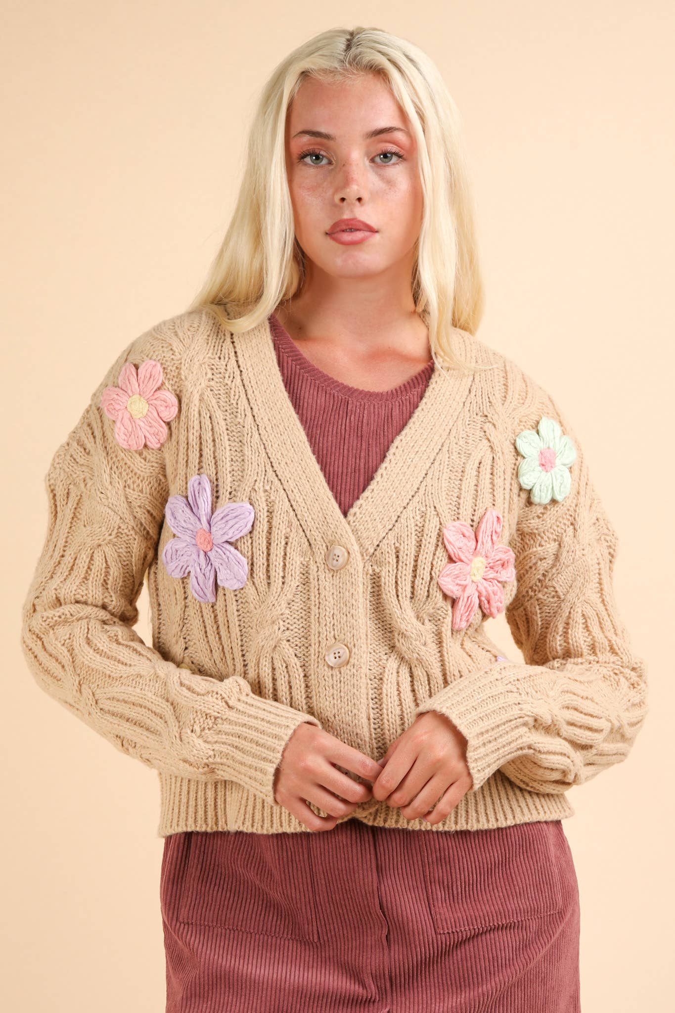 Flower Applique Knit Sweater Cardigan