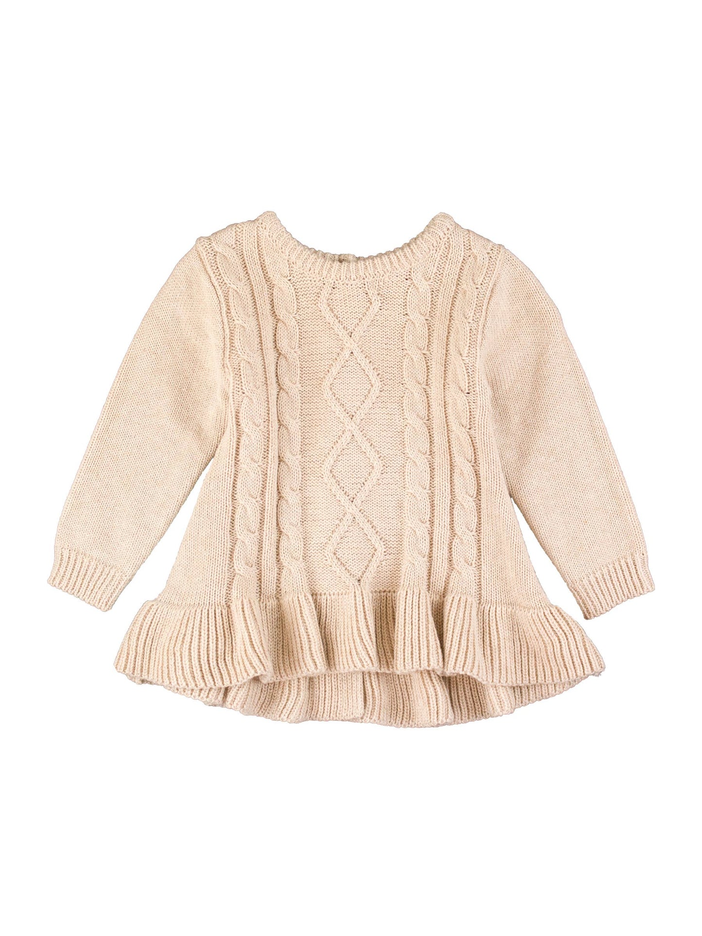 Heather Oatmeal Ruffle Hem Cable Knit Sweater