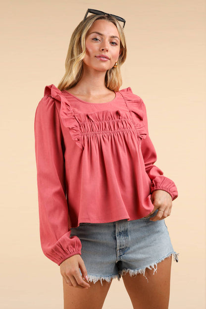 Ruffle Shoulder Woven Blouse