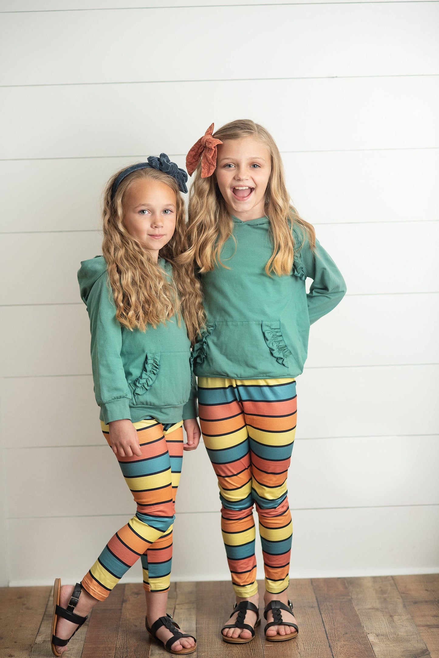 Sage Ruffle Hoodie Rainbow Stripe Leggings Set