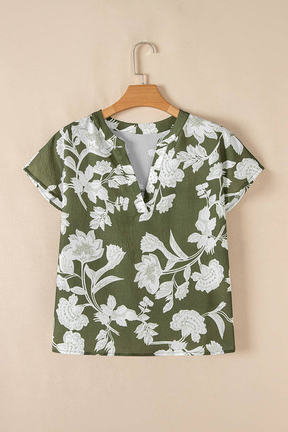 Floral V Neck Short Sleeve Blouse
