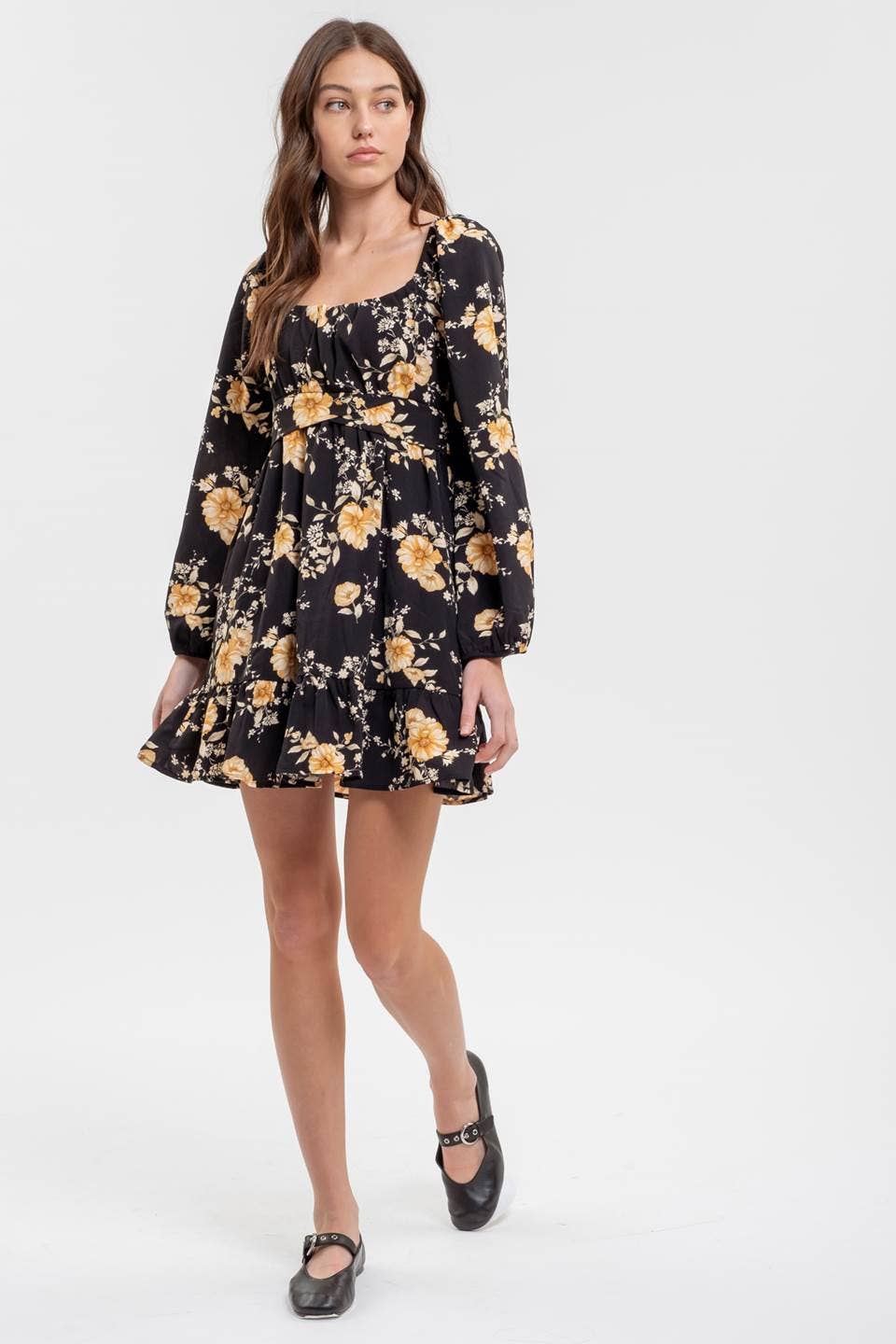 FLORAL LONG SLEEVE BACK TIE MINI DRESS