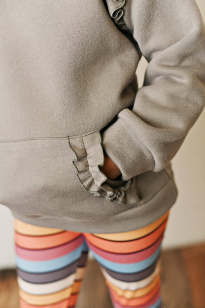 Gray Ruffle Hoodie Rainbow Stripe Leggings Set