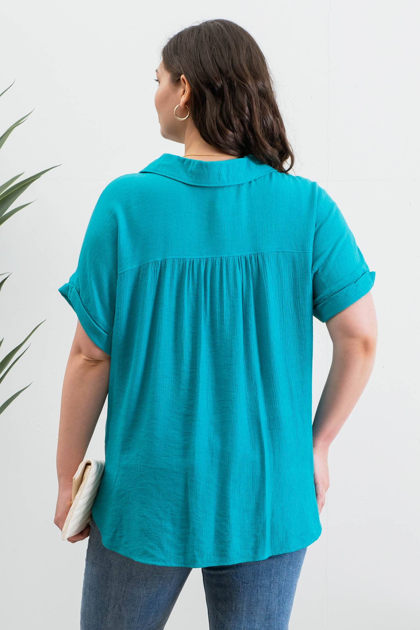 PL BUTTON DOWN CUFFED SHORT SLEEVE TOP