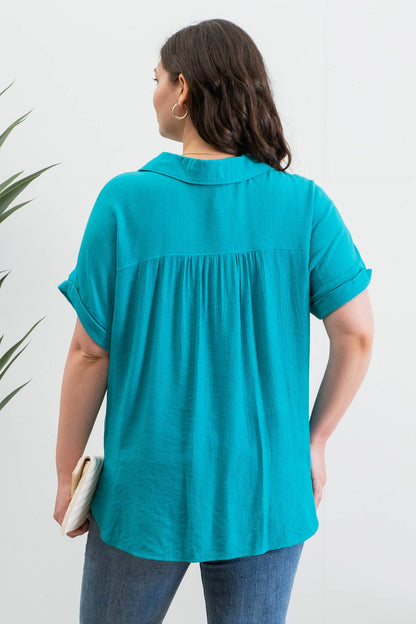 PL BUTTON DOWN CUFFED SHORT SLEEVE TOP