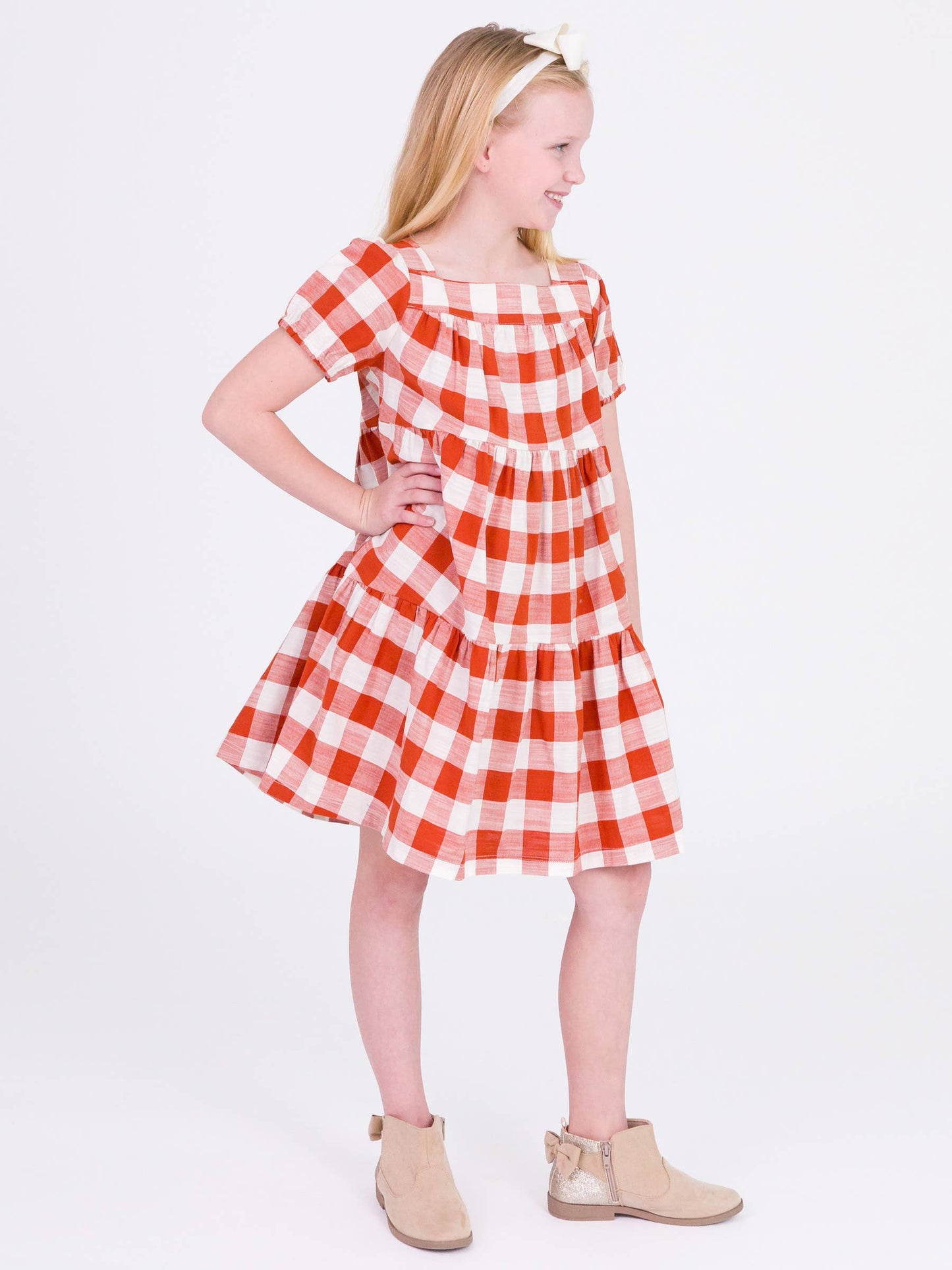 Rust Plaid Puff Short Sleeve Tiered Dress