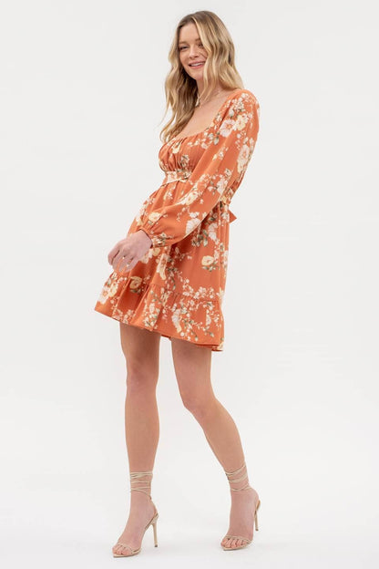 FLORAL LONG SLEEVE BACK TIE MINI DRESS