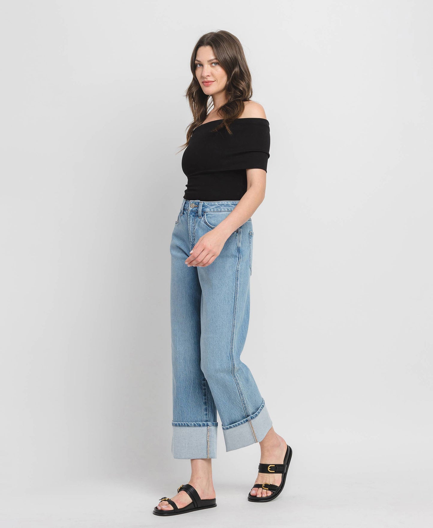 Gabby SUPER HIGH RISE CUFF BAGGY STRAIGHT JEANS T6513