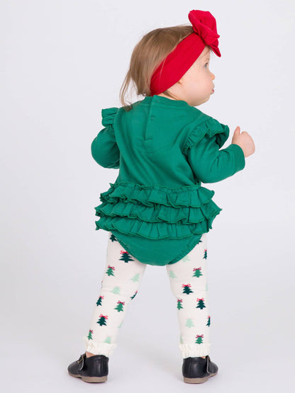 Spruced Up Christmas Tree Patterned Footless Ruffle Tights