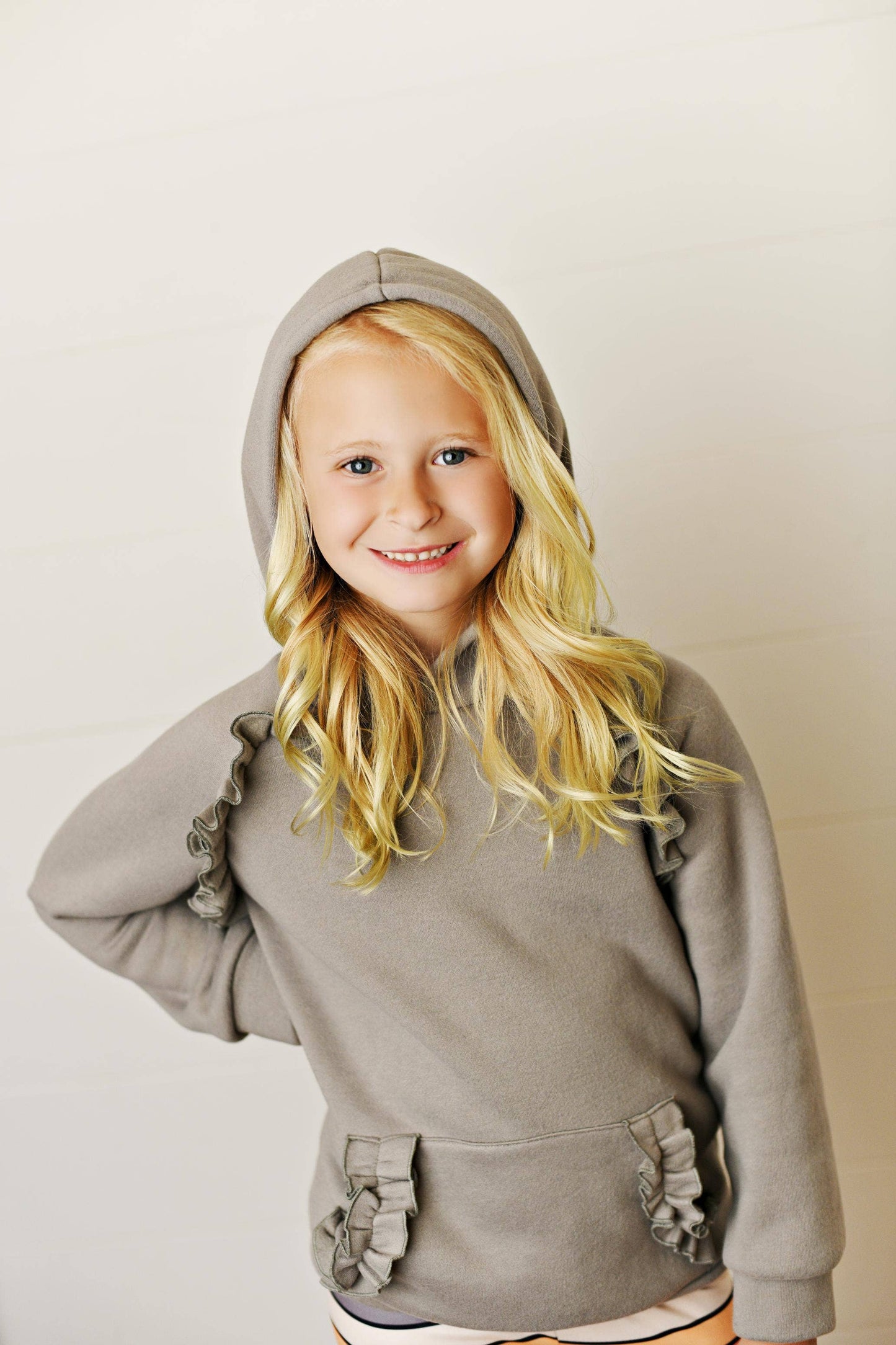 Gray Ruffle Hoodie Rainbow Stripe Leggings Set