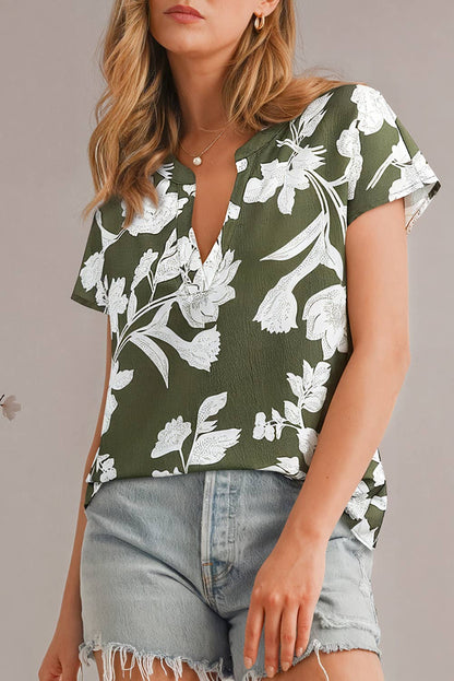 Floral V Neck Short Sleeve Blouse