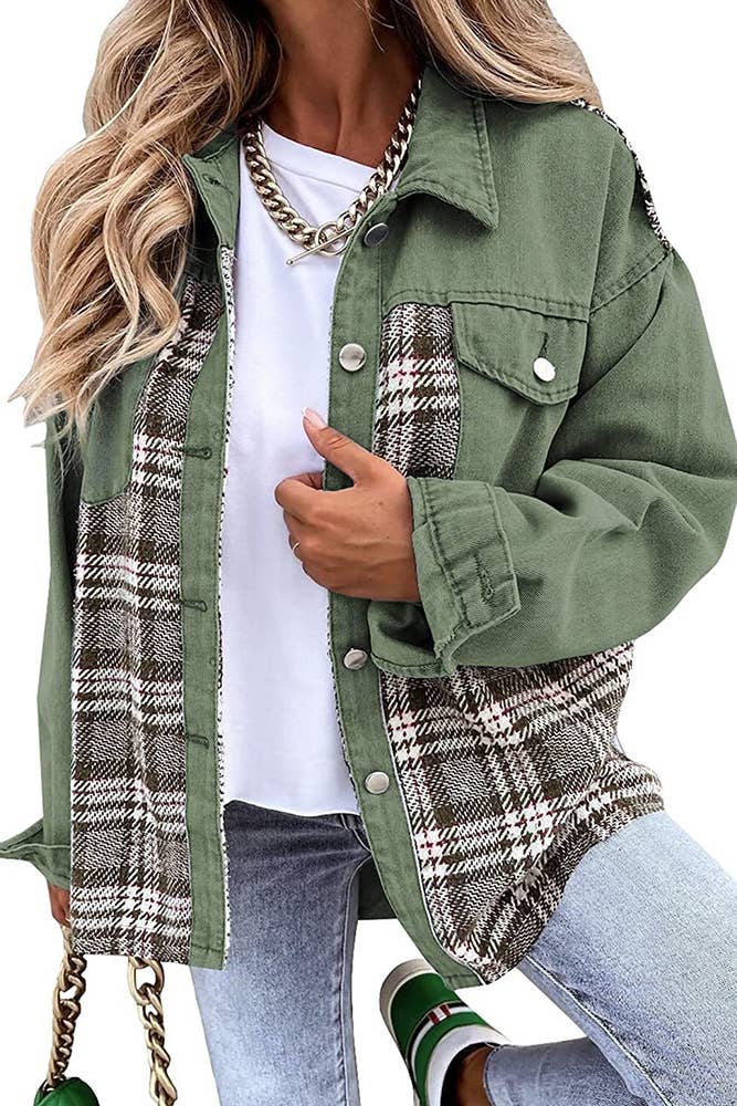 Green & Plaid Splicing Denim Jacket ZZKF1085