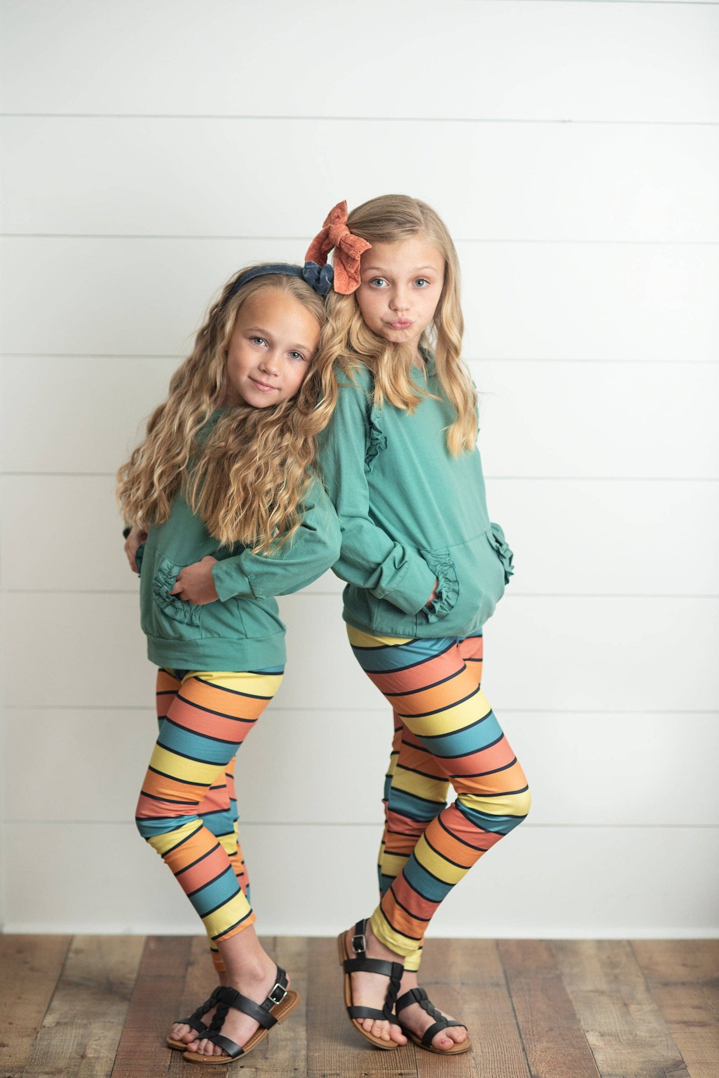 Sage Ruffle Hoodie Rainbow Stripe Leggings Set