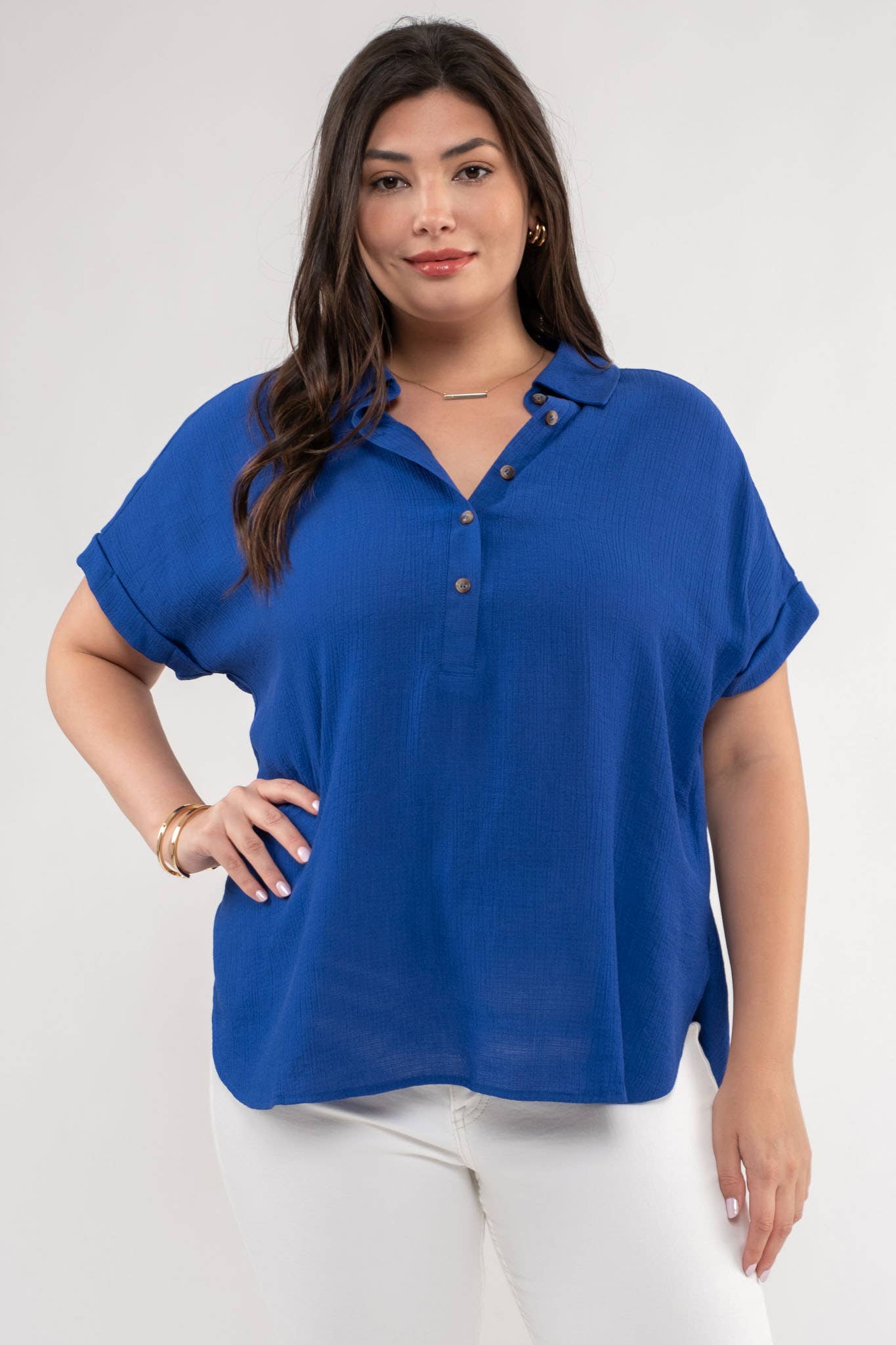 PL BUTTON DOWN CUFFED SHORT SLEEVE TOP