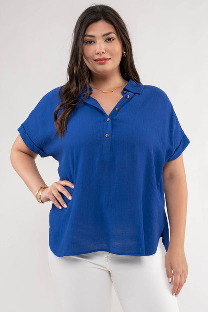 PL BUTTON DOWN CUFFED SHORT SLEEVE TOP