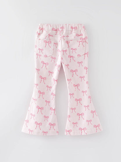 Girls Pink Bow Print Elastic Flared Jeans